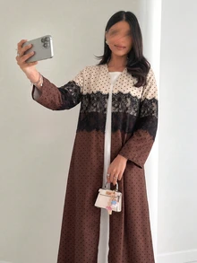Yasmyna Women's Spring Autumn Winter Elegant Vintage Polka Dot Lace Patchwork Long Cardigan, Long Sleeve Loose Flared Maxi Robe, Daily Modest Outerwear - Multicolor - View 6