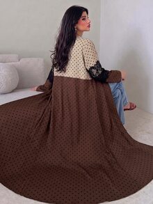 Yasmyna Women's Spring Autumn Winter Elegant Vintage Polka Dot Lace Patchwork Long Cardigan, Long Sleeve Loose Flared Maxi Robe, Daily Modest Outerwear - Multicolor - View 7