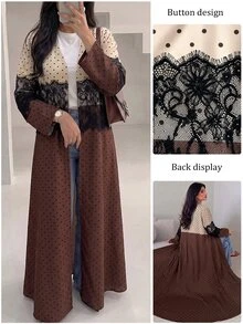 Yasmyna Women's Spring Autumn Winter Elegant Vintage Polka Dot Lace Patchwork Long Cardigan, Long Sleeve Loose Flared Maxi Robe, Daily Modest Outerwear - Multicolor - View 5
