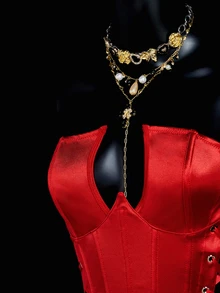 SHEIN ICON 修身款交叉系带抹胸人字纹上衣 - 紅色 - 查看 5
