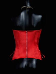 SHEIN ICON 修身款交叉系带抹胸人字纹上衣 - 紅色 - 查看 2