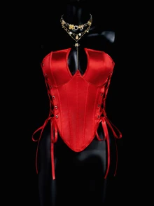 SHEIN ICON 修身款交叉系带抹胸人字纹上衣 - 紅色 - 查看 10