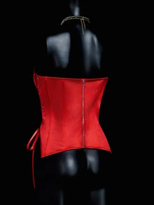 SHEIN ICON 修身款交叉系带抹胸人字纹上衣 - 紅色 - 查看 7