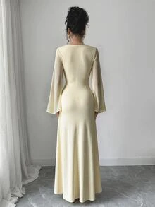 Flora Isola Flora Isola Women's Fall/Winter Square Neck Sheer Flare Long Sleeve Ruched Cinched Waist Full Skirt Long Dress Date Bachelorette Party Wedding Beige Elegant - Light Yellow - View 8