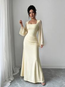 Flora Isola Flora Isola Women's Fall/Winter Square Neck Sheer Flare Long Sleeve Ruched Cinched Waist Full Skirt Long Dress Date Bachelorette Party Wedding Beige Elegant - Light Yellow - View 5