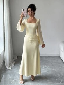 Flora Isola Flora Isola Women's Fall/Winter Square Neck Sheer Flare Long Sleeve Ruched Cinched Waist Full Skirt Long Dress Date Bachelorette Party Wedding Beige Elegant - Light Yellow - View 7
