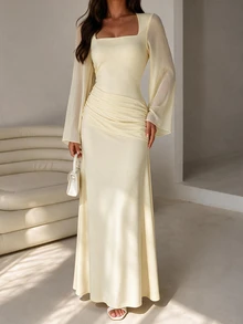 Flora Isola Flora Isola Women's Fall/Winter Square Neck Sheer Flare Long Sleeve Ruched Cinched Waist Full Skirt Long Dress Date Bachelorette Party Wedding Beige Elegant - Light Yellow - View 3