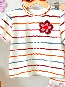 Baby Girl 2pcs Set Casual Dopamine Colorful Striped & Floral Faux Embroidery Print Soft Loose Round Neck Short Sleeve T-Shirt & Flared Pants Outfit, Suitable For Spring/Summer Daily Wear, Outings, Holidays And Easter Occasions, Classic Cute - White - View 5