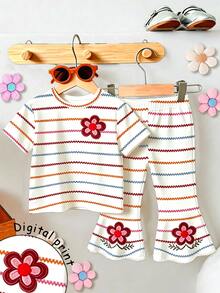 Baby Girl 2pcs Set Casual Dopamine Colorful Striped & Floral Faux Embroidery Print Soft Loose Round Neck Short Sleeve T-Shirt & Flared Pants Outfit, Suitable For Spring/Summer Daily Wear, Outings, Holidays And Easter Occasions, Classic Cute - White - View 4