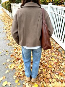 SHEIN جاكيت صوف قصير أنيق وكاجوال للنساء بياقة وأكتاف منسدلة - كاكي - مشاهدة 2