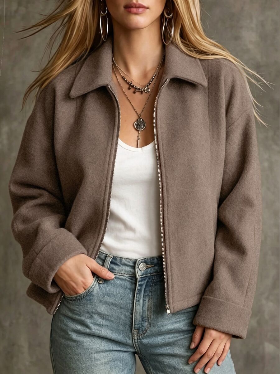 SHEIN جاكيت صوف قصير أنيق وكاجوال للنساء بياقة وأكتاف منسدلة - كاكي - مشاهدة 1