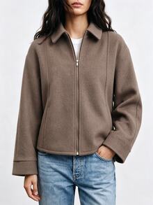 SHEIN جاكيت صوف قصير أنيق وكاجوال للنساء بياقة وأكتاف منسدلة - كاكي - مشاهدة 4