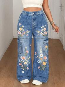 Maweii Plus Size Casual Faux Denim Floral Print Vintage Street Style Loose Long Pants Fall - Multicolor - View 4
