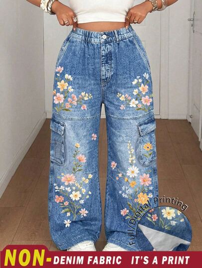 Maweii Plus Size Casual Faux Denim Floral Print Vintage Street Style Loose Long Pants Fall