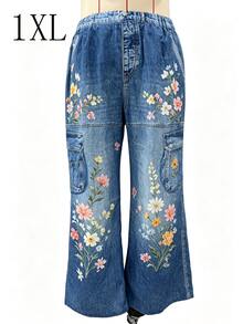 Maweii Plus Size Casual Faux Denim Floral Print Vintage Street Style Loose Long Pants Fall - Multicolor - View 7