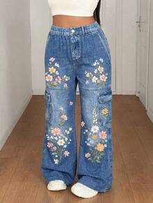 Maweii Plus Size Casual Faux Denim Floral Print Vintage Street Style Loose Long Pants Fall - Multicolor - View 6