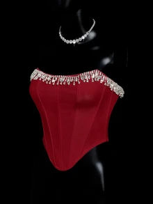 SHEIN ICON Organza Big Bow Backless Halter Neck Pearl Chain Decor Vest - Red - View 3
