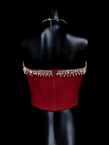 SHEIN ICON Organza Big Bow Backless Halter Neck Pearl Chain Decor Vest - Red - View 2