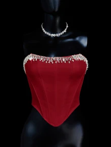 SHEIN ICON Organza Big Bow Backless Halter Neck Pearl Chain Decor Vest - Red - View 7