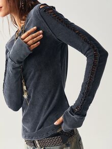 Bohemela 女式休闲纯色针织圆领长袖水洗修身T恤，秋冬 - 黑色 - 查看 5