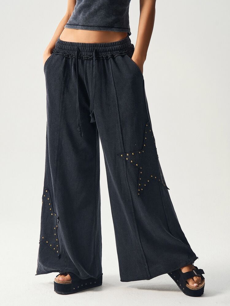 Bohemela Pantalones anchos de punto sueltos de unicolor lavados para mujer - Negro - Añade 4