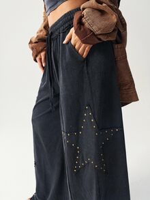 Bohemela 女士休闲纯色针织宽松阔腿水洗裤 - 黑色 - 查看 6