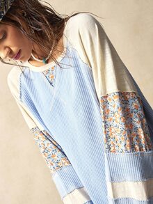 Bohemela Casual Knit Patchwork Round Neck Long Sleeve Loose Top For Women - Blue - View 6