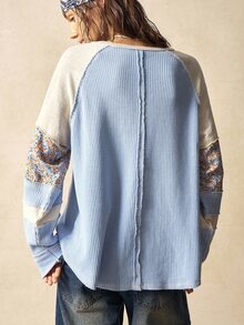 Bohemela Casual Knit Patchwork Round Neck Long Sleeve Loose Top For Women - Blue - View 8