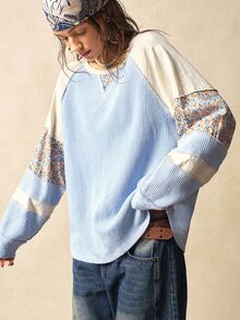 Bohemela Casual Knit Patchwork Round Neck Long Sleeve Loose Top For Women - Blue - View 7