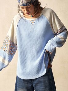 Bohemela Casual Knit Patchwork Round Neck Long Sleeve Loose Top For Women - Blue - View 4