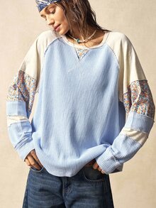 Bohemela Casual Knit Patchwork Round Neck Long Sleeve Loose Top For Women - Blue - View 5