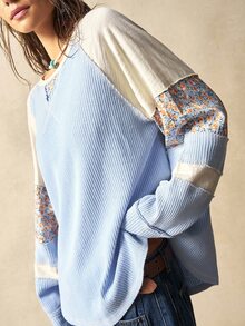 Bohemela Casual Knit Patchwork Round Neck Long Sleeve Loose Top For Women - Blue - View 2