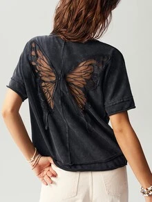 Bohemela Casual Solid Color Knitted Round Neck Short Sleeve Loose Butterfly Cutout Back Women T-Shirt Top - Black - View 4