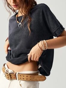 Bohemela Casual Solid Color Knitted Round Neck Short Sleeve Loose Butterfly Cutout Back Women T-Shirt Top - Black - View 6