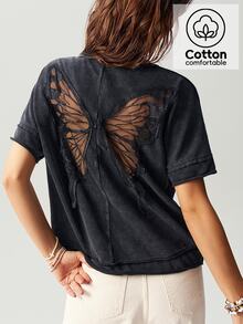 Bohemela Casual Solid Color Knitted Round Neck Short Sleeve Loose Butterfly Cutout Back Women T-Shirt Top - Black - View 2