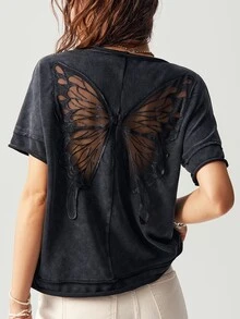 Bohemela Casual Solid Color Knitted Round Neck Short Sleeve Loose Butterfly Cutout Back Women T-Shirt Top - Black - View 8