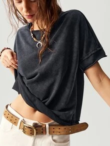 Bohemela Casual Solid Color Knitted Round Neck Short Sleeve Loose Butterfly Cutout Back Women T-Shirt Top - Black - View 3
