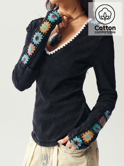 Bohemela Women's Black Autumn Boho Vacation Vintage Music Festival Halloween Crochet Patchwork V-Neck Long Sleeve Fitted Washed T-Shirt,Western Country Style