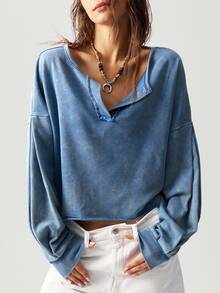 Bohemela 1pc Women Solid Color V-Neck Knit Long Sleeve Loose Pullover Sweatshirt,Long Sleeve Tops In Fall/Winter - Blue - View 3