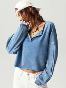 Bohemela 1pc Women Solid Color V-Neck Knit Long Sleeve Loose Pullover Sweatshirt,Long Sleeve Tops In Fall/Winter - Blue - View 5