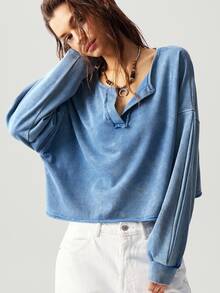 Bohemela 1pc Women Solid Color V-Neck Knit Long Sleeve Loose Pullover Sweatshirt,Long Sleeve Tops In Fall/Winter - Blue - View 2