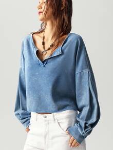 Bohemela 1pc Women Solid Color V-Neck Knit Long Sleeve Loose Pullover Sweatshirt,Long Sleeve Tops In Fall/Winter - Blue - View 8