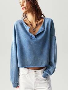Bohemela 1pc Women Solid Color V-Neck Knit Long Sleeve Loose Pullover Sweatshirt,Long Sleeve Tops In Fall/Winter - Blue - View 6
