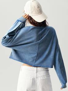 Bohemela 1pc Women Solid Color V-Neck Knit Long Sleeve Loose Pullover Sweatshirt,Long Sleeve Tops In Fall/Winter - Blue - View 4
