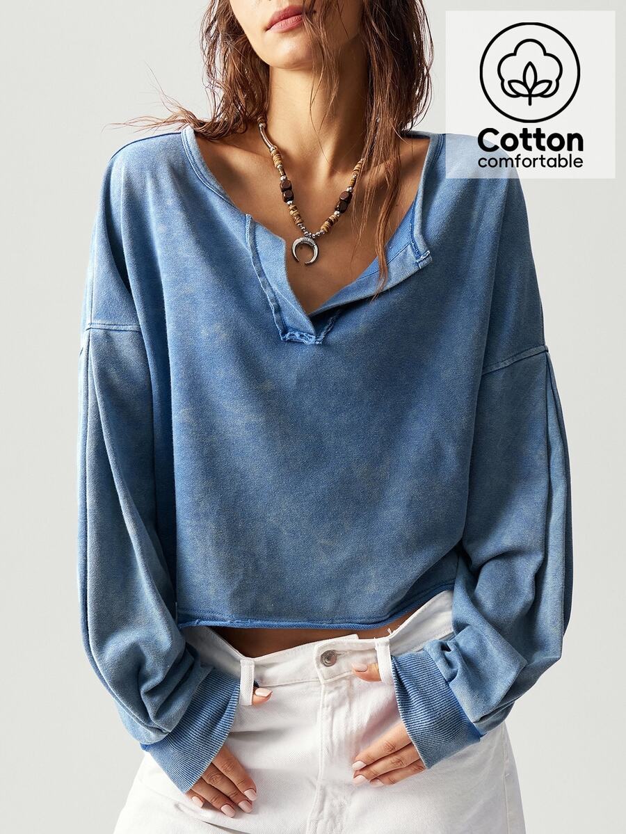 Bohemela 1pc Women Solid Color V-Neck Knit Long Sleeve Loose Pullover Sweatshirt,Long Sleeve Tops In Fall/Winter - Blue - View 1