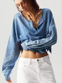 Bohemela 1pc Women Solid Color V-Neck Knit Long Sleeve Loose Pullover Sweatshirt,Long Sleeve Tops In Fall/Winter - Blue - View 7