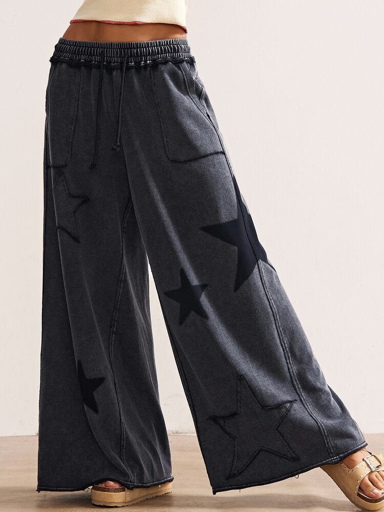 Bohemela Women's Casual Solid Color Knit Loose Wide Leg Pants,Fall - Black - View 3