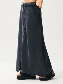 Bohemela 女士休闲纯色针织修身半身裙 - 黑色 - 查看 5