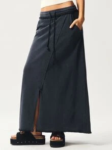 Bohemela 女士休闲纯色针织修身半身裙 - 黑色 - 查看 3