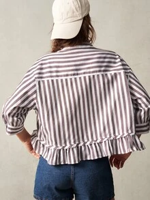 Bohemela 女式度假编织条纹衬衫，有领、3/4 荷叶边袖和宽松版型 - 棕色 - 查看 9
